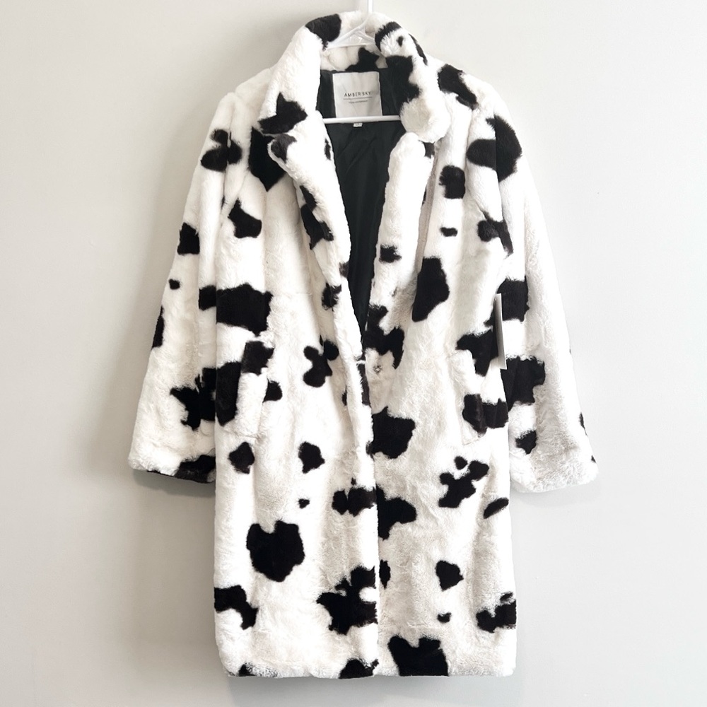 NWT Amber Sky Cow Print Faux Fur Longline Coat